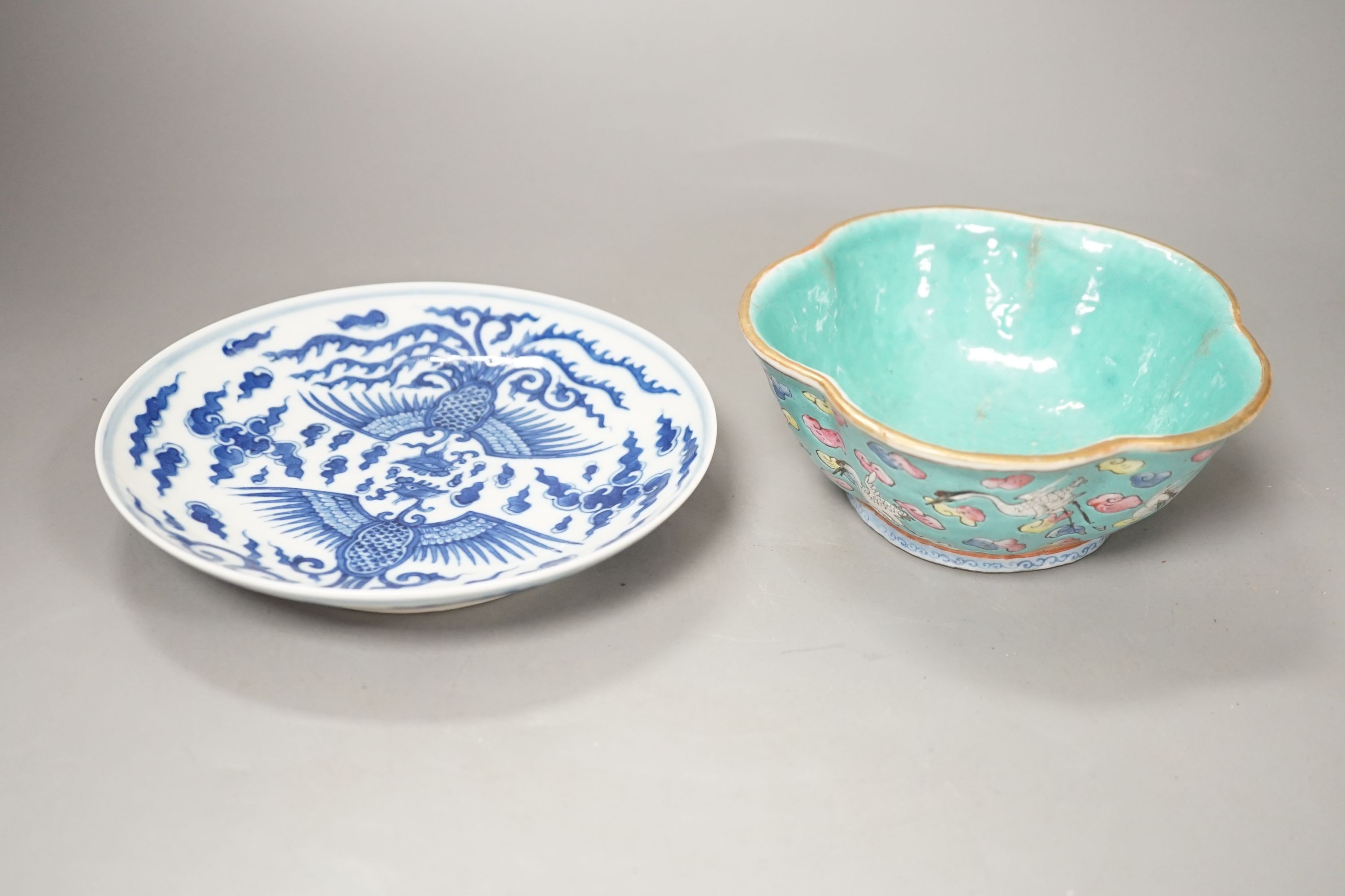 A Chinese blue and white ‘phoenix’ dish and a Chinese enamelled porcelain bowl. Diameter of largest 16.5cm